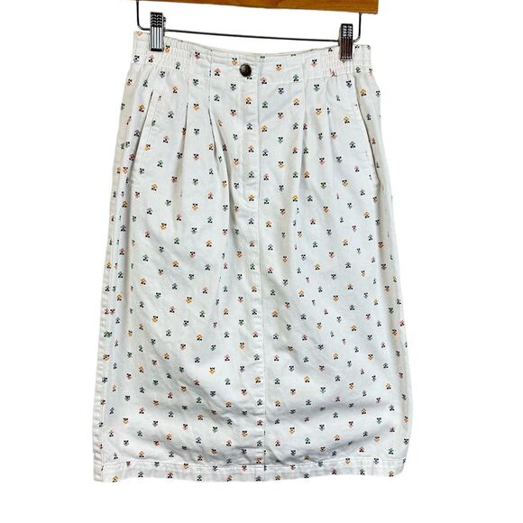 Vintage White Ditsy Floral Pleated Belted Midi Jean Skirt 8 M 80s 90s - Picture 2 of 9